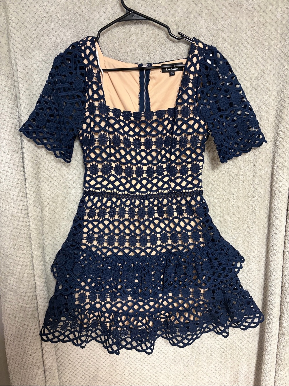 Lulu's Navy Lace Mini Dress with Nude Lining